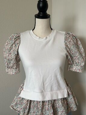English Factory White Top with Floral Puff Sleeves